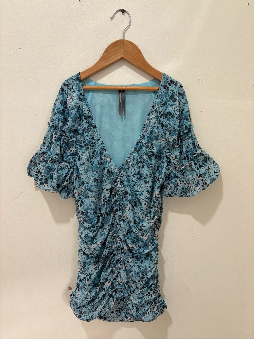 Anthropologie Light Blue Floral V-Neck Ruched Dress